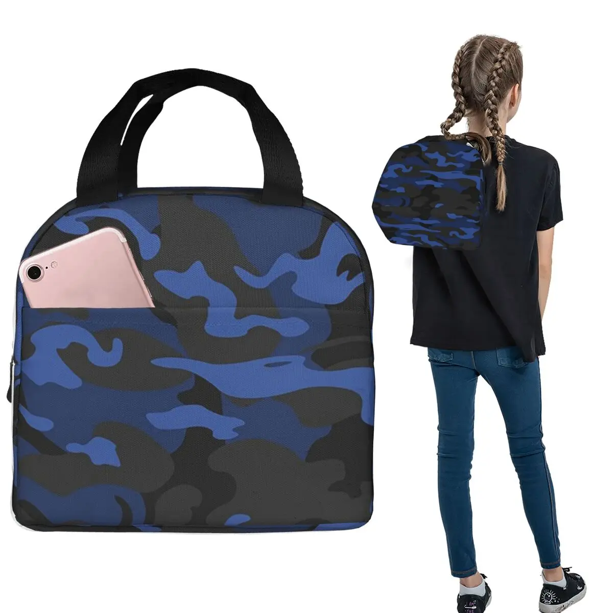 

Blue White Blending Camouflage Insulated Lunch Bag for Women Children Portable Food Boxes Thermal Lunch Box Tote