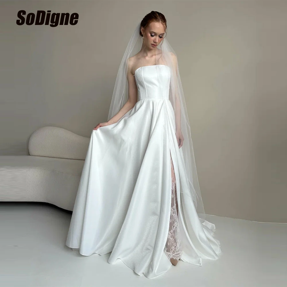 

SoDigne A-line Satin/Lace Wedding Dresses Strapless Sleeveless Bridal Dress Long Wedding Gown Robe De Mairee ﻿Customized ﻿