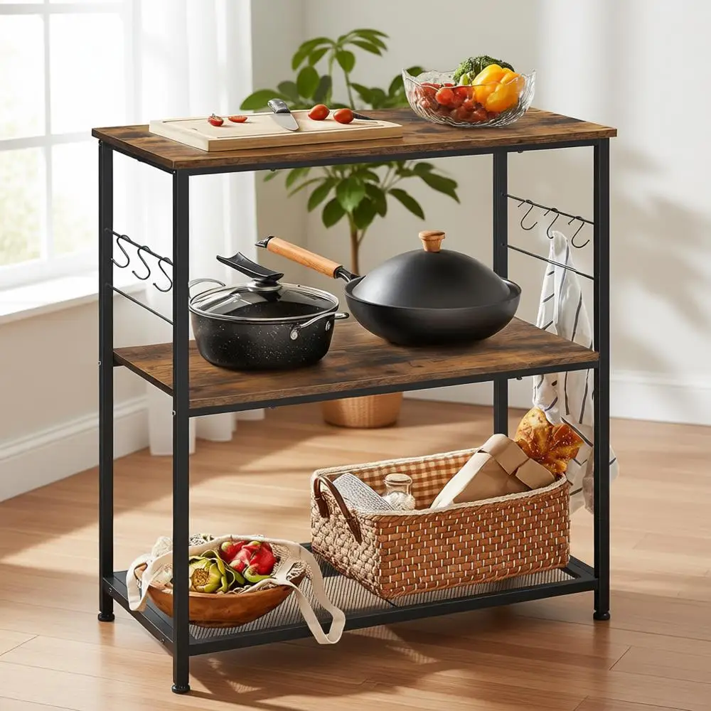 

Подставка для микроволновой печи в индустриальном стиле, коричнево-черная, с 3 полками, 6 крючками, 15.7x31.5x35.4 дюйма