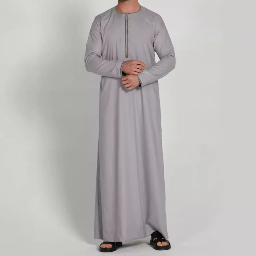 Vestido musulmán Jubba Thobe de Dubái para hombre, Túnica fina de manga larga, de cuello redondo caftán, moda árabe islámica