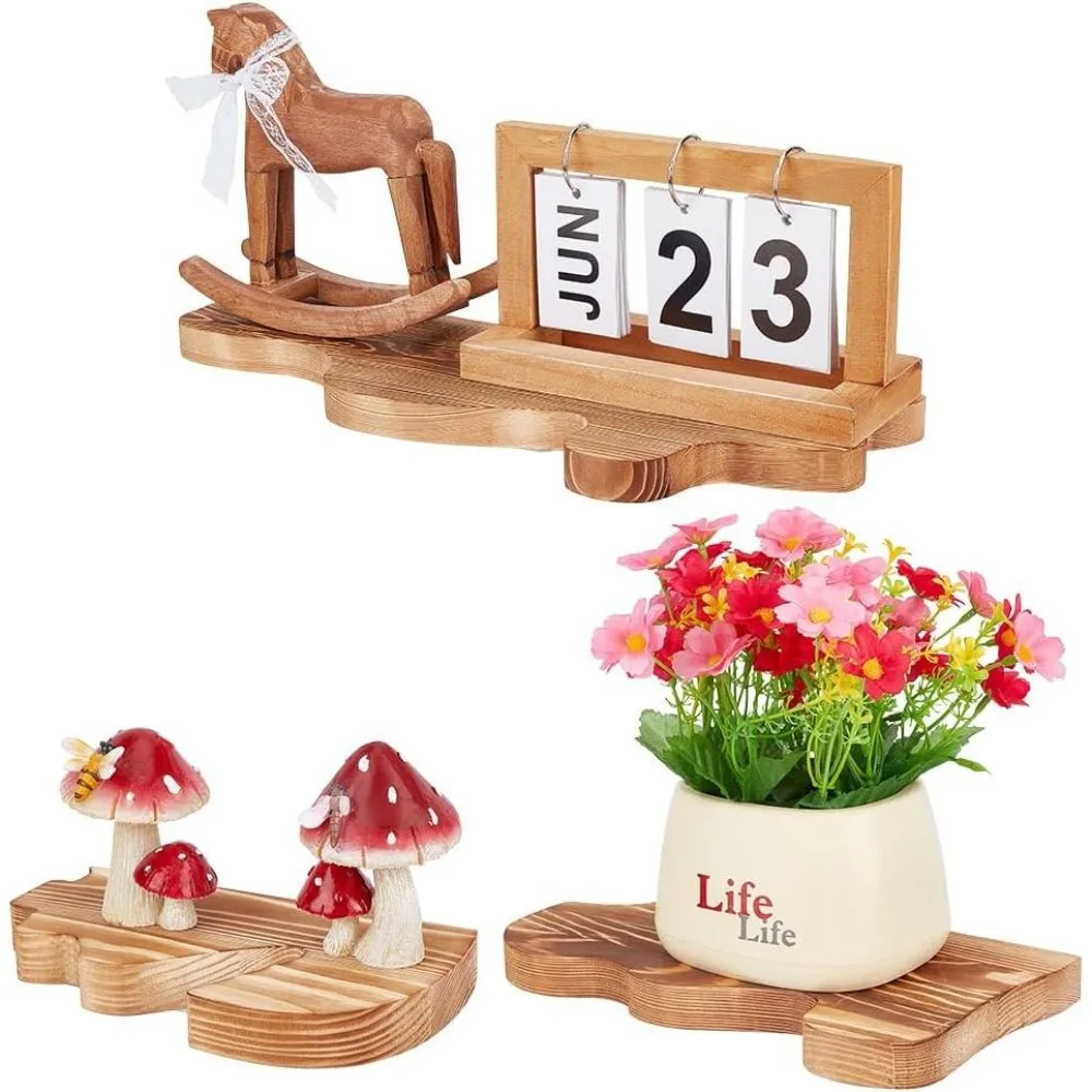 Set of 3 Floating Shelves for Wall Rustic Wooden Cloud Shape Wall Shelf Brown Wave Edge Floating Shelf for Living Room Bedroom