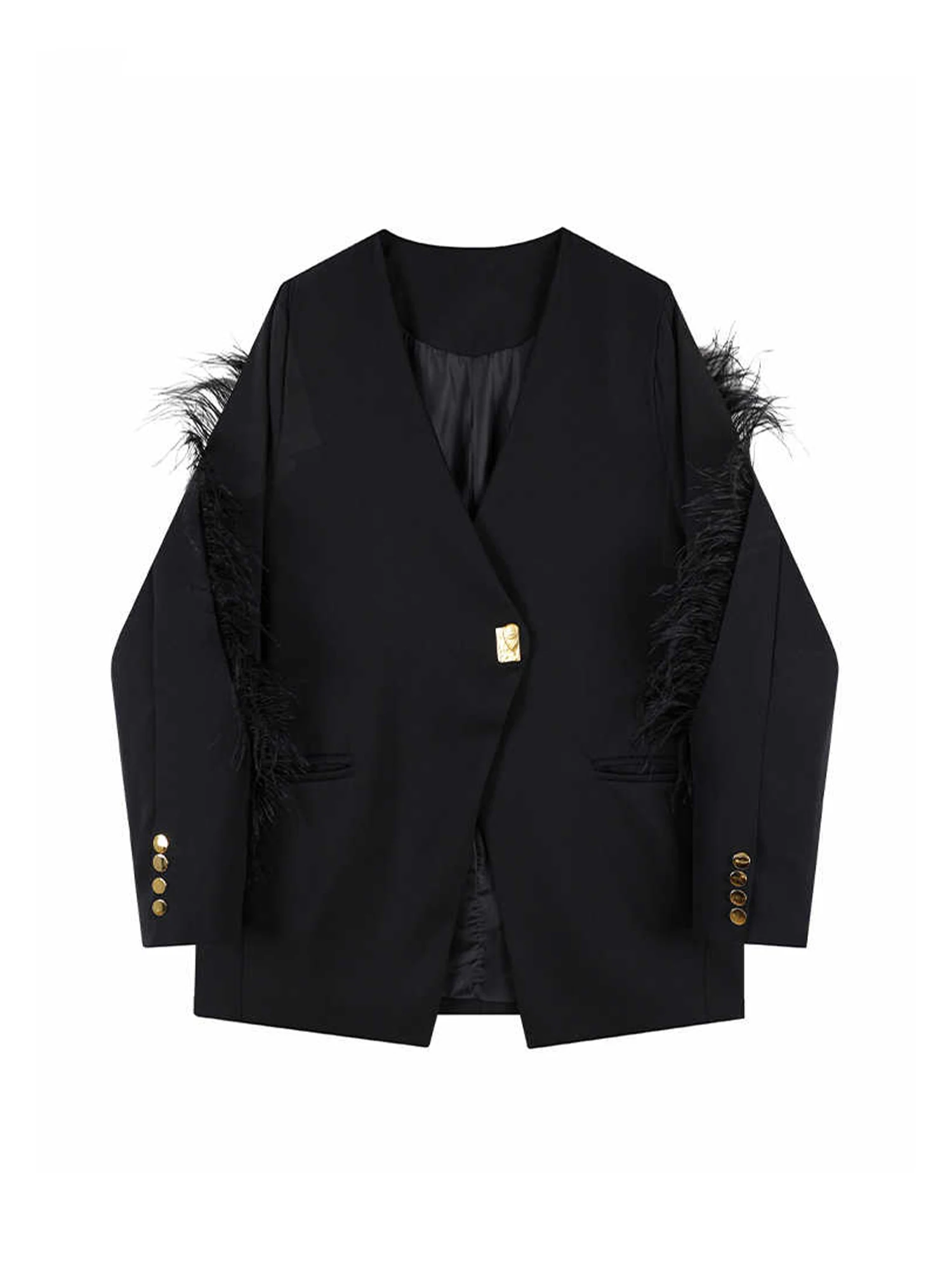 Women's Black Gothic Feather Patchwork Blazer Coat Vintage Harajuku Long Sleeve Suit Jacket Outerwear Top 2000s Clothes Autumn