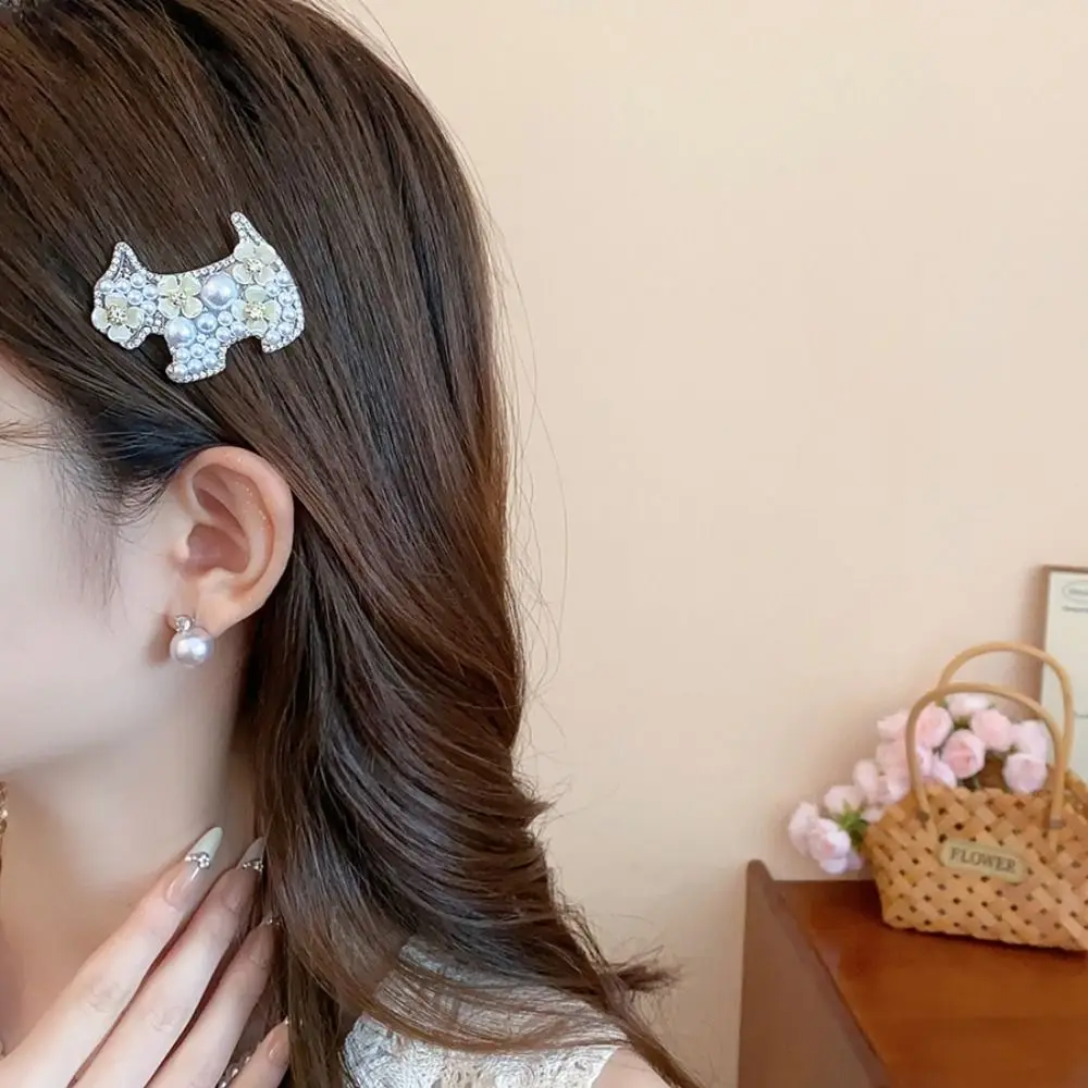 

Fashion Zircon Pearl Flower Hair Clip Cute Dog Rhinestone Hairpin Animals Side Clip Cute Puppy Hair Clip Girl