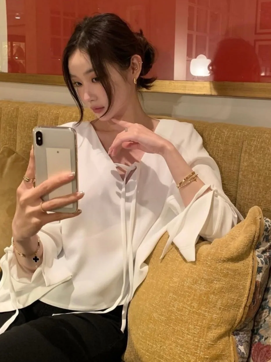 

Элегантное женское платье с поясом, свободного кроя, стройнящее, средней длины, в корейском стиле, из хлопка и полиэстера, с V-образным вырезом, длинное рукавное, для офиса