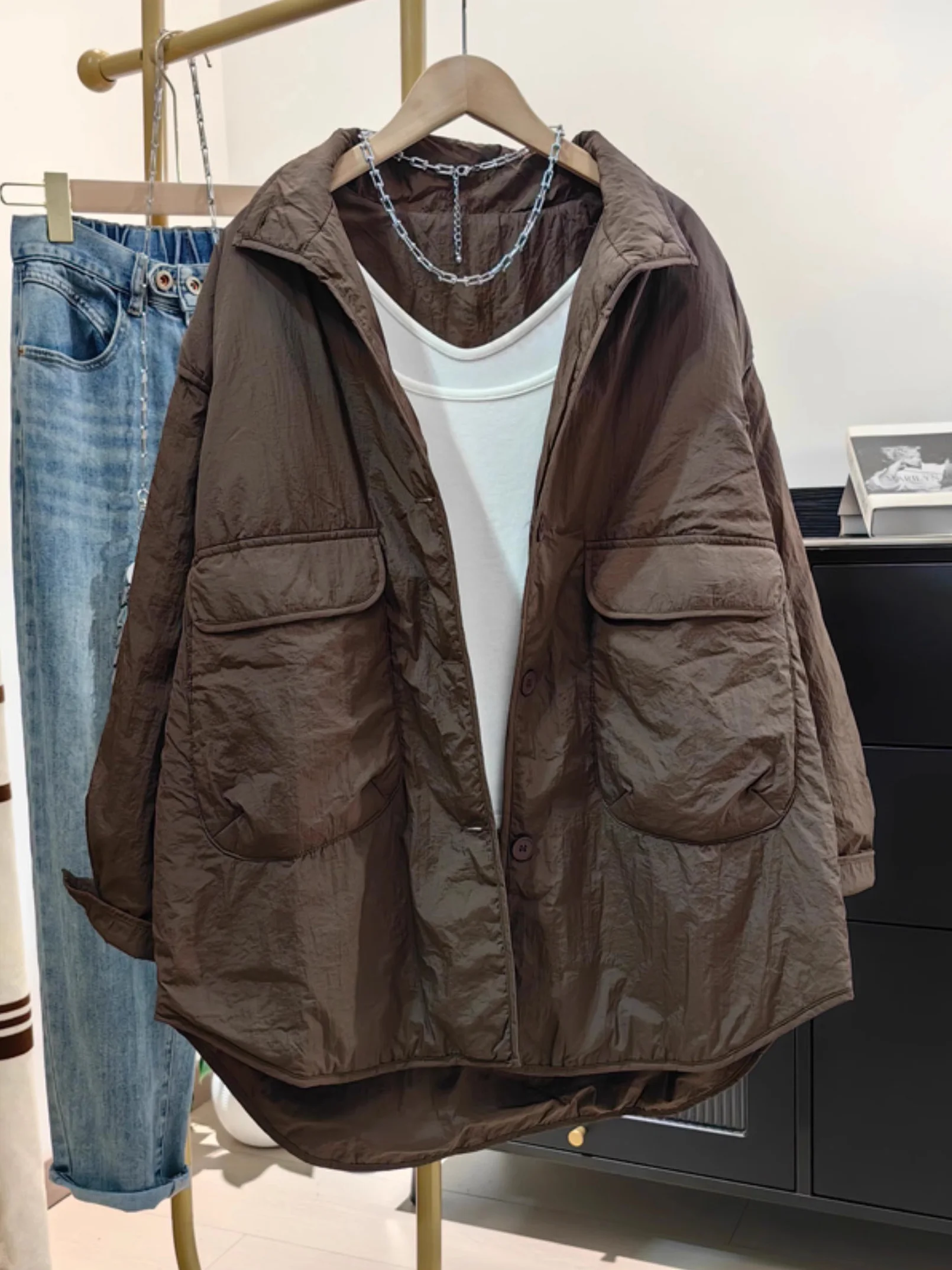 

Autumn Winter Women's Pure Color Versatile Lightweight Cotton Jacket Korean Style Large Size Loose Shirt Cotton Coat