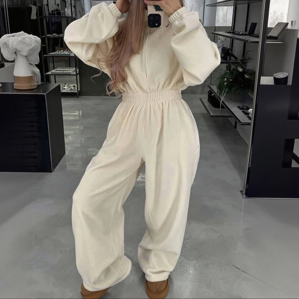 

Повседневный флисовый комбинезон с длинными рукавами и застежкой-молнией, высокий воротник, эластичная талия, широкие брюки для женщин, однотонный европейский стиль