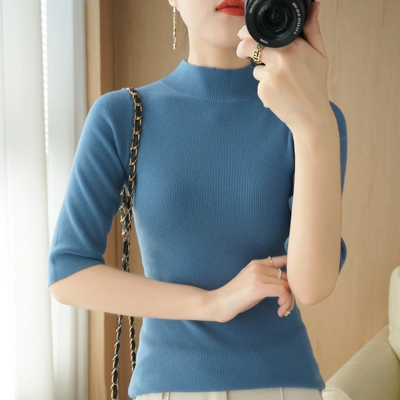 Simple Woolen ort Sve Five-Quarter Turn-Ne Knitted Base irt Women's Sli Slim Fit Spring Autumn Winter Top