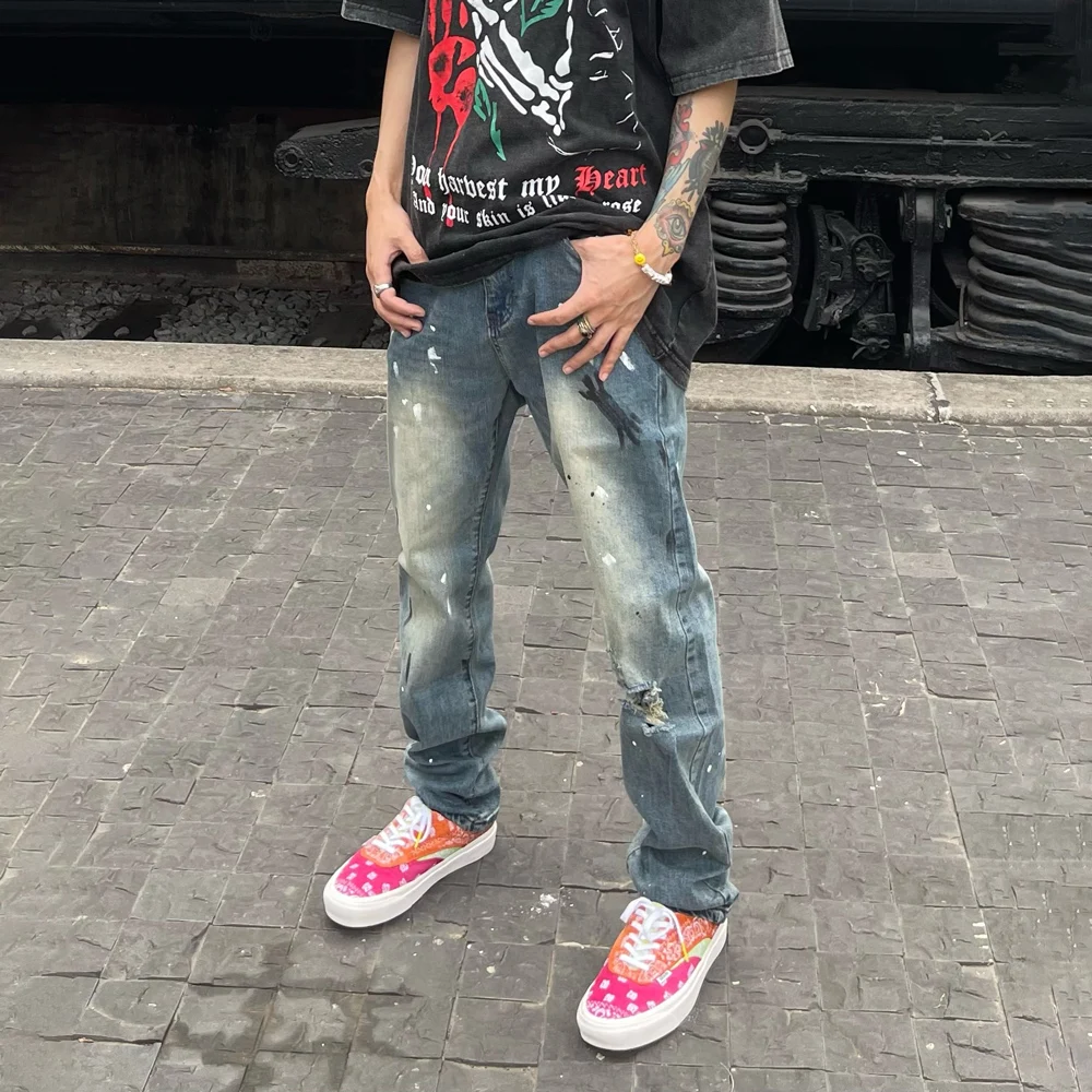 

Splash-ink Graphic Ripped Jeans Men Slims Street Pantalones Hombre Streetwear Trousers Punk Hip Hop Summer Y2k Kinny Denim Pants