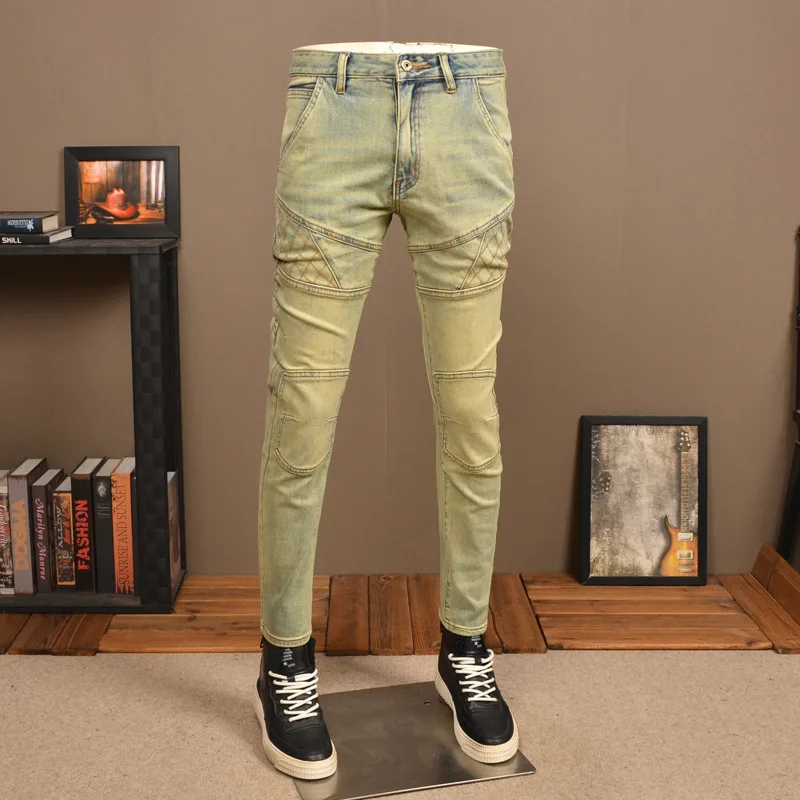 New Men'S Jeans Retro Splicing Fashion Brand Stretch Men'S Pants Slim Straight Leg Nostalgia Blue Biker Denim Pants