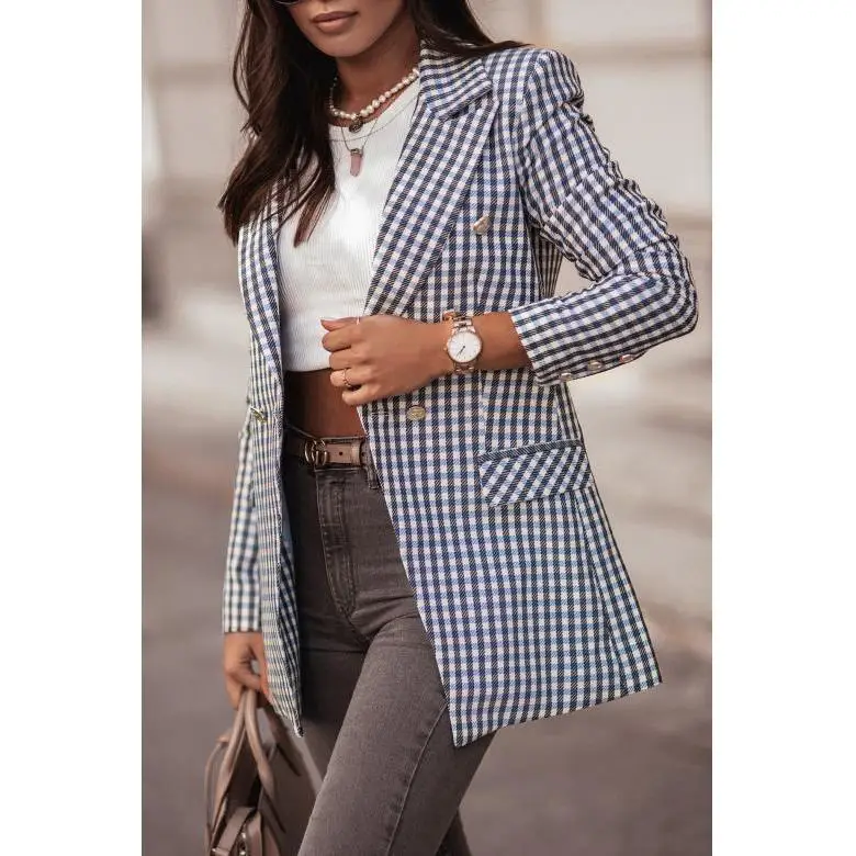 Faionable pak met geruite print Jaet Dames Busin Casual polyestervezel Lange Sve halflange jas Europese Sle