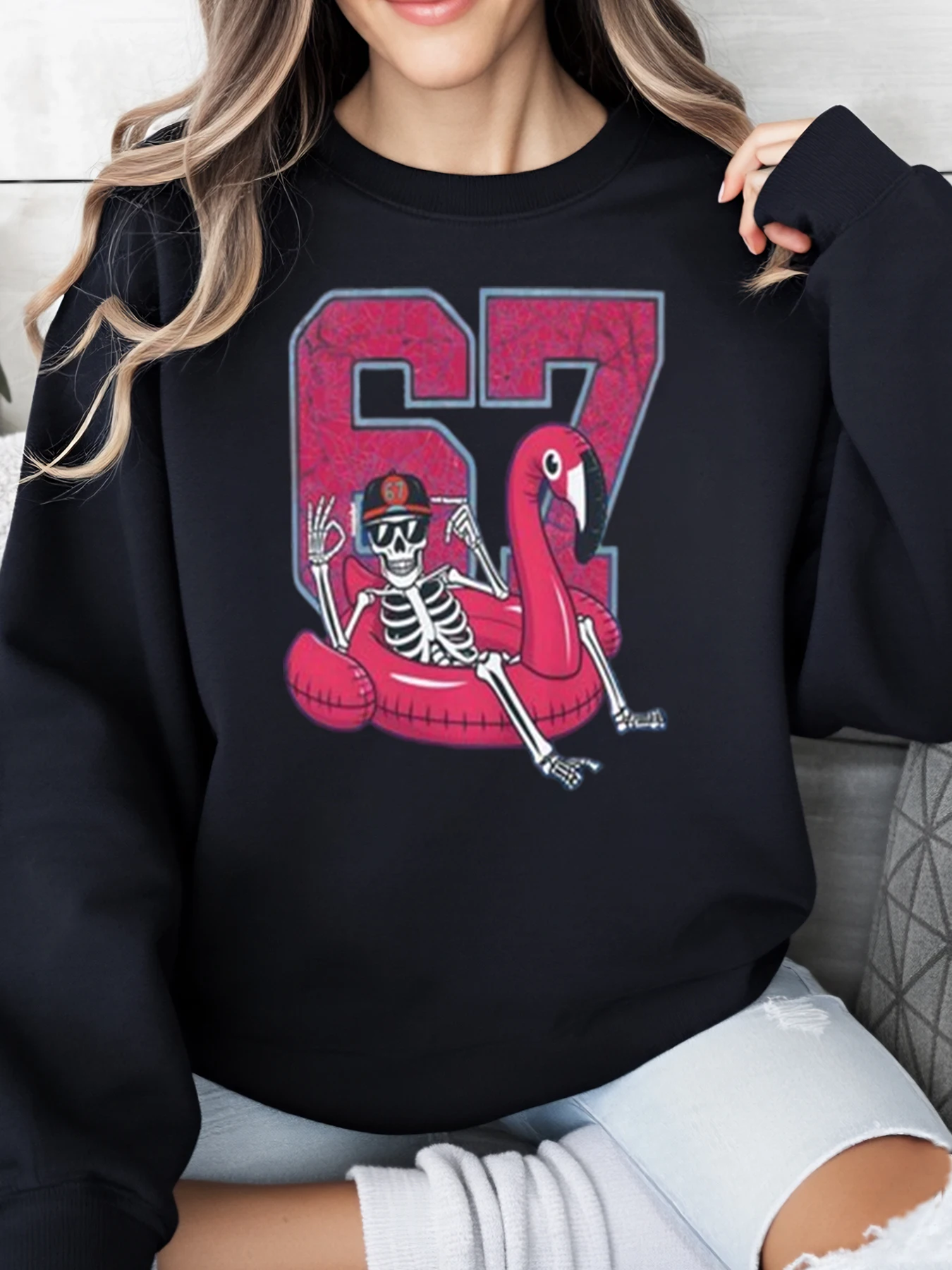 

Толстовка «Скелет на фламинго» 67, женская повседневная праздничная одежда на Хэллоуин, черная, больших размеров