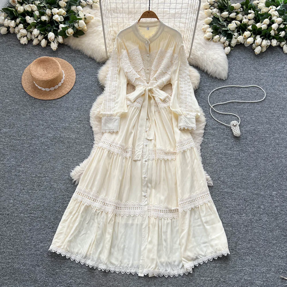 Sexy lange mouw haak bloem holle knop jurk chique vintage avondfeest club vrouwen chique zomer strand lange jurken