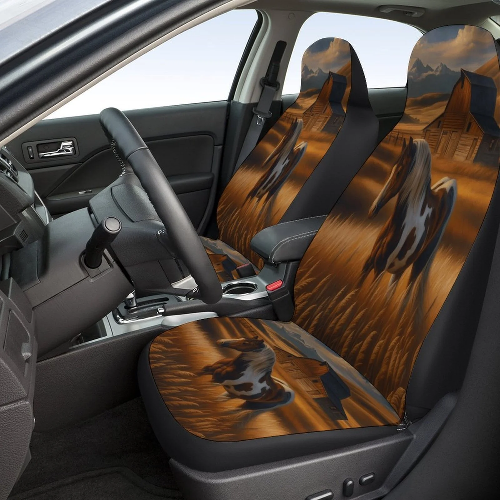 Horse Barn Field Designed Car Seat Covers Set For Most Cars, Trendy Novelty Decorative Car Seat Protector Covers Full Set, Car