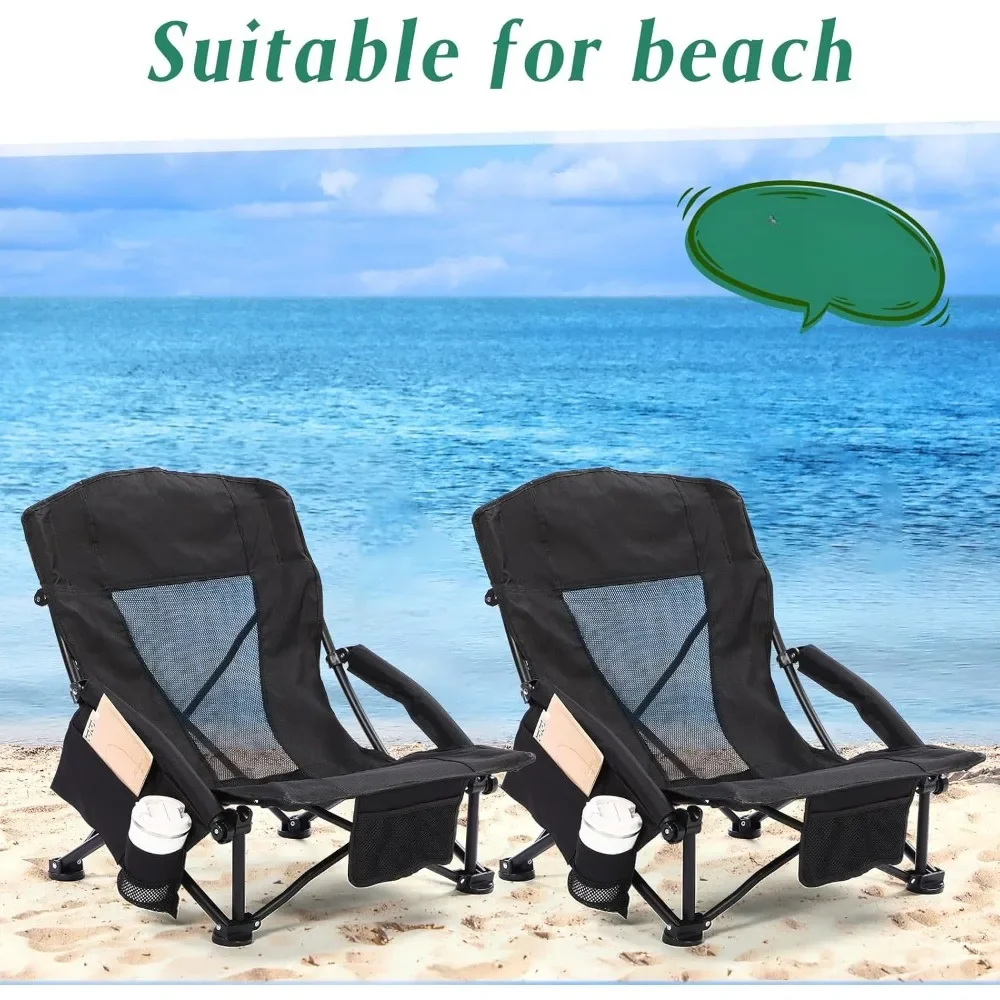 4 Pcs Low Beach Chairs for Adults With Cup Holder Magazine Bag Playa Tourist Folding Chair Support 300lbs Beach Chaise