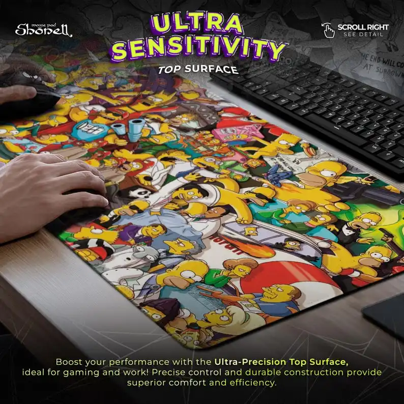 لوحة ماوس The Simpsons - تصميم ملون من Springfield Collage، حصيرة مكتب الألعاب، ديكور Homer Bart Lisa، هدية كرتونية