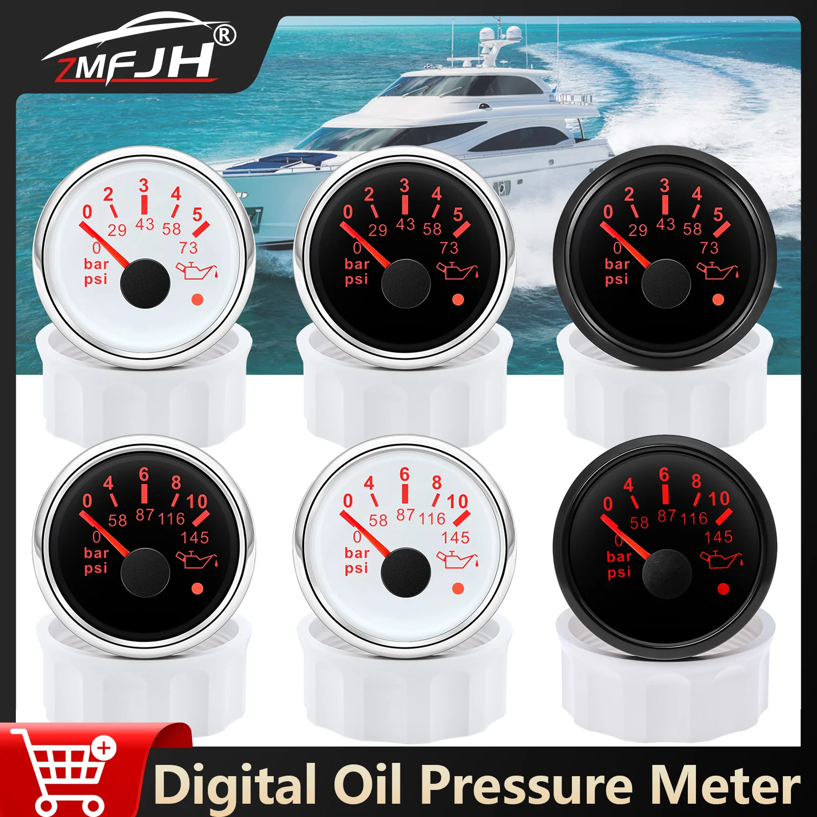 

52mm Car Oil Pressure Meter 0-5 Bar/0-10 Bar 7 Color Backlight Oil Press Indicator For Marine Boat Car Truck Fuel Press Gauge
