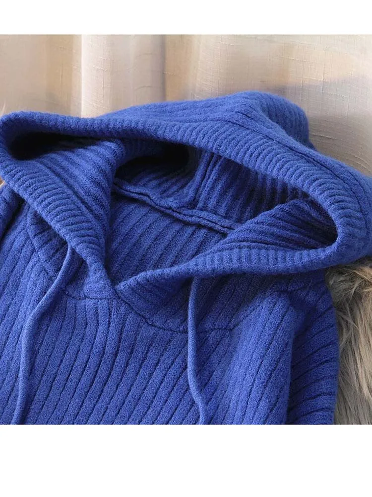 Hooded Long Sweater Women Autumn Winter Solid Knitted Pullovers Warm Loose Casual Knitwear Jumper