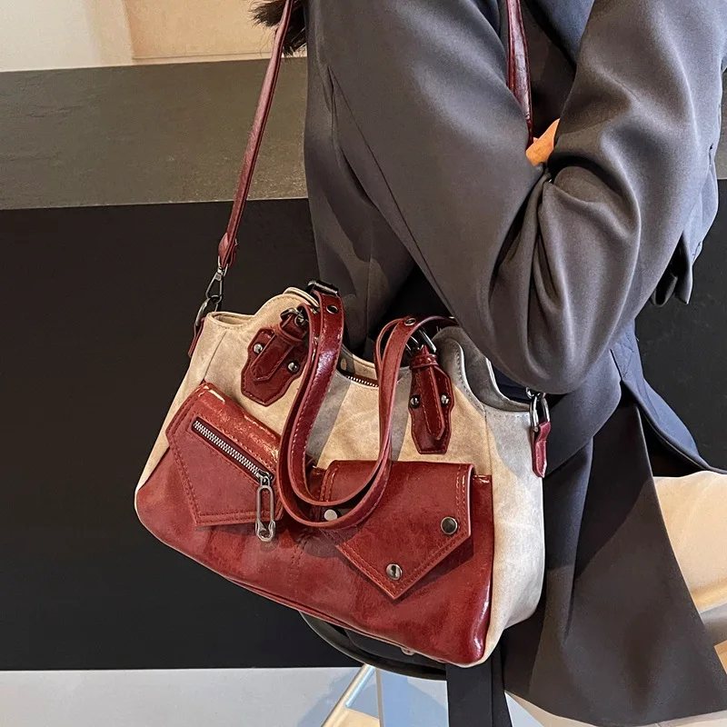 

Moto & Biker Bags For Women Luxury Designer Handbags Purses New Canvas With PU Rivet Top Handle Small Underarm Shoulder Bag