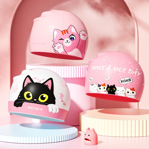 Imagen 2 del producto Gorros de natación de dibujos animados impermeables estampados lindos gorros de natación para niños y niñas protección para los oídos gorro de natación accesorios de piscina