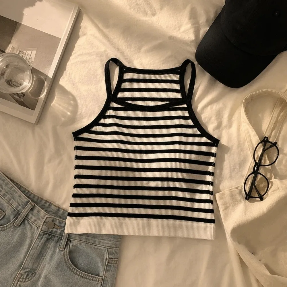 Korean Version Sleeveless Crop Top Stripe Slim Fit Ladies' Sling Vest with Chest Pad Women Camisole Casual Wear