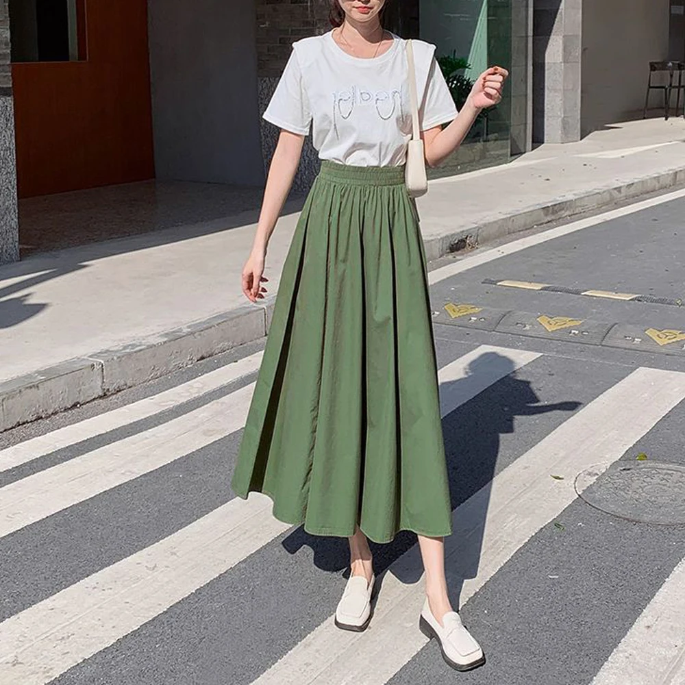 Women Casual Pleated College Style Midi Skirt Chic A-line Elastic Mid Waist Sun Skirts S-2XL Black Green Khaki Jupe Demi Female