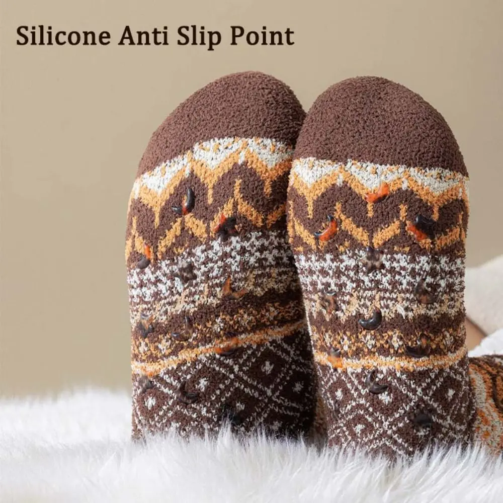 Chaussettes polaires Patchwork pour femmes, antidérapantes, Style ethnique, en velours épais, bonneterie en peluche, chaussettes de sol d'hiver