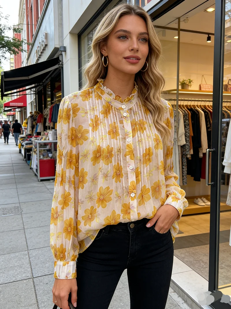 

Design Sense Small Floral Sweet Top for Women in The Spring and Summer of 2026 New Lace V-neck Printed Long Sleeved Shirt