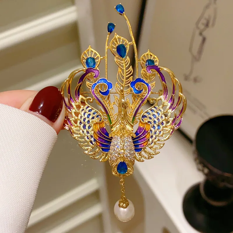 Image of Retro Luxus Emaille Phoenix Perle Quaste Broschen Für Frauen Exquisite Farbige Metall Feder Kristall Brosche Party Bankett Schmuck