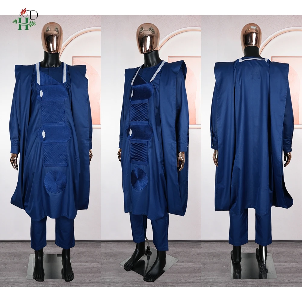 New African Clothes Plus Size For Men Elegant Party Wedding Thobe 3 PC Top and Pants Suits Set Daily Wear Embroidery Blue Gown