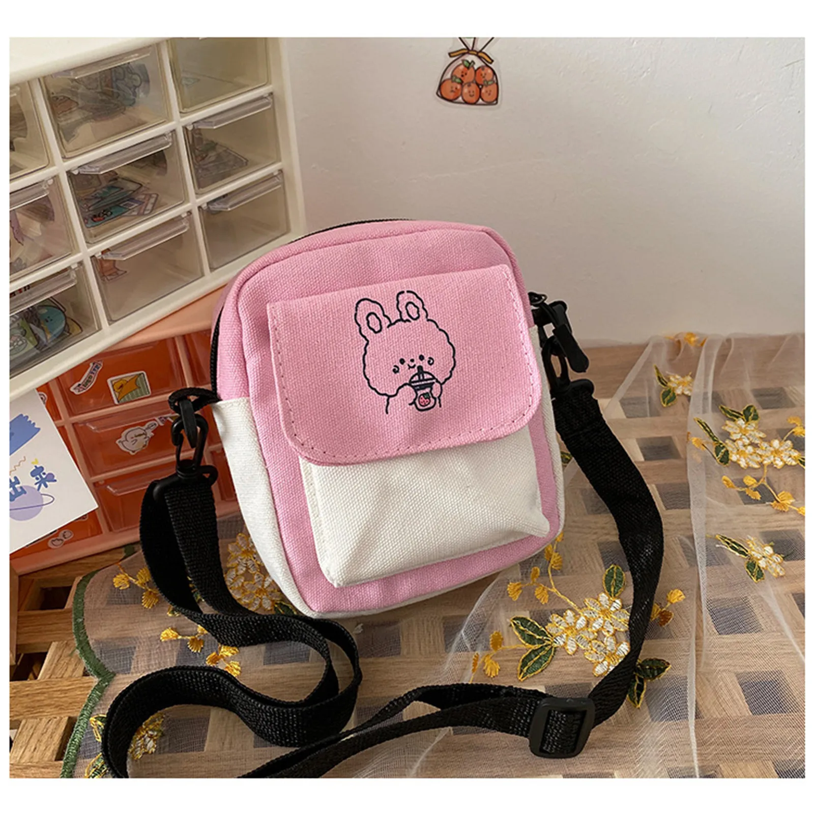 Women's Canvas Crossbody Bags Small Cartoon Rabbit Printed Messenger Bag New Trend Casual Handbag for Girl Students Zipper Purse