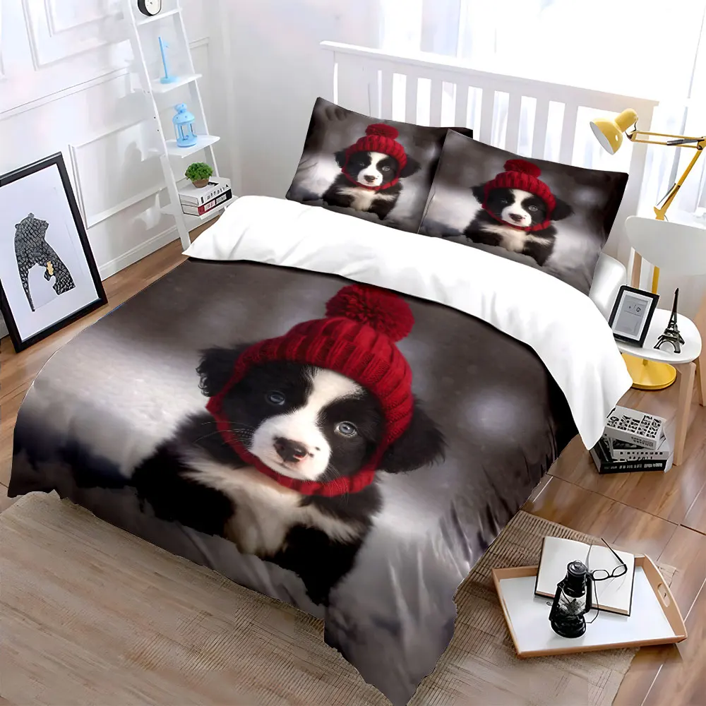 Cozy puppy in red hat, snowy background Printed Duvet Cover Set1 Duvet Cover+2 PillowcaseMulti Size Bedroom Bedding Decor