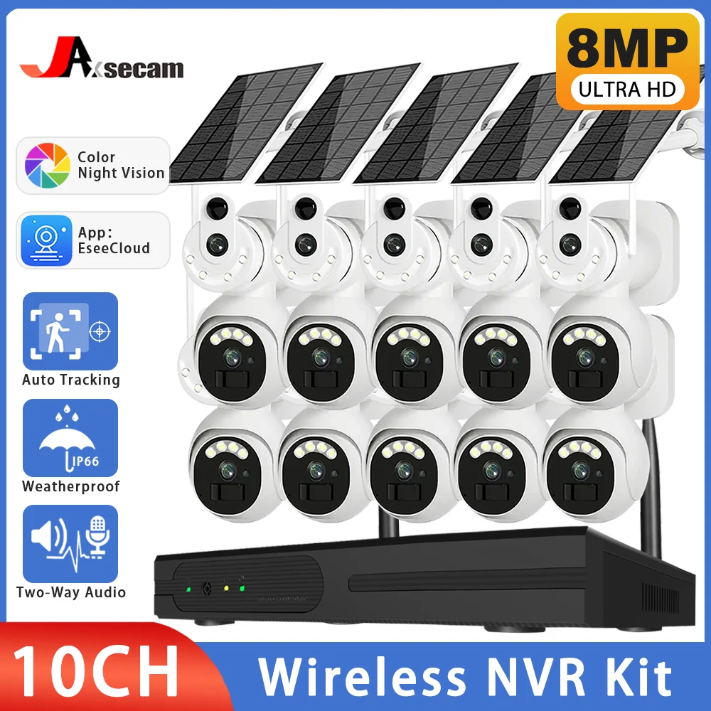 

4K 8MP Wifi Surveillance Dual Lens Solar PTZ Cameras Kit 10CH NVR Security System Wireless Two Way Talk CCTV Set Auto Tracking