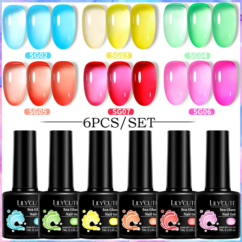 LILYCUTE 6PCs/SET Jelly Sea Glass Nail Gel Polish Set 7ML Sea Blue Jelly Gel Polish Semi-Transparent Soak Off UV LED Nail Gel