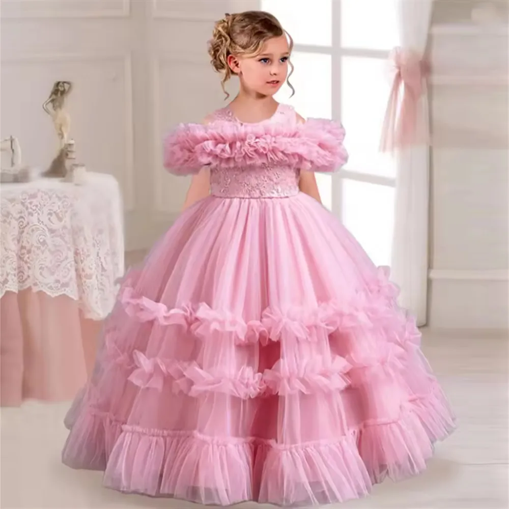 Customize Flower Girl Wedding Dress Appliques Tiered Pleated Princess Birthday Party Prom Dress Girls Host Performance Gown