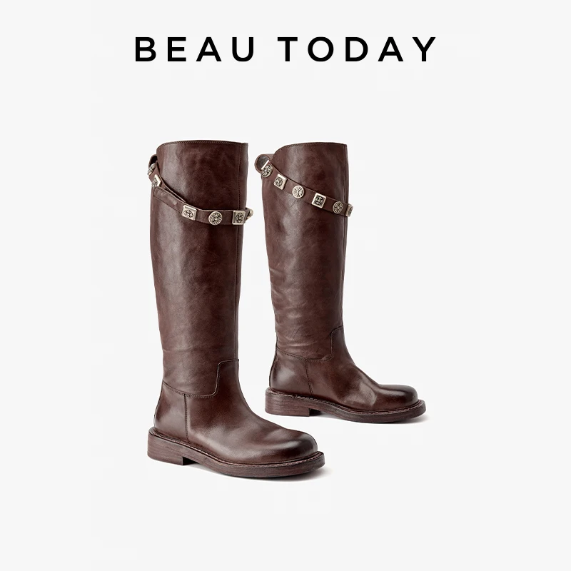 BEAUTODAY Long Boots Women Horse Leather Ruched Knee High Boot Round Toe Metal Decoration Ladies Shoes Handmade 01267