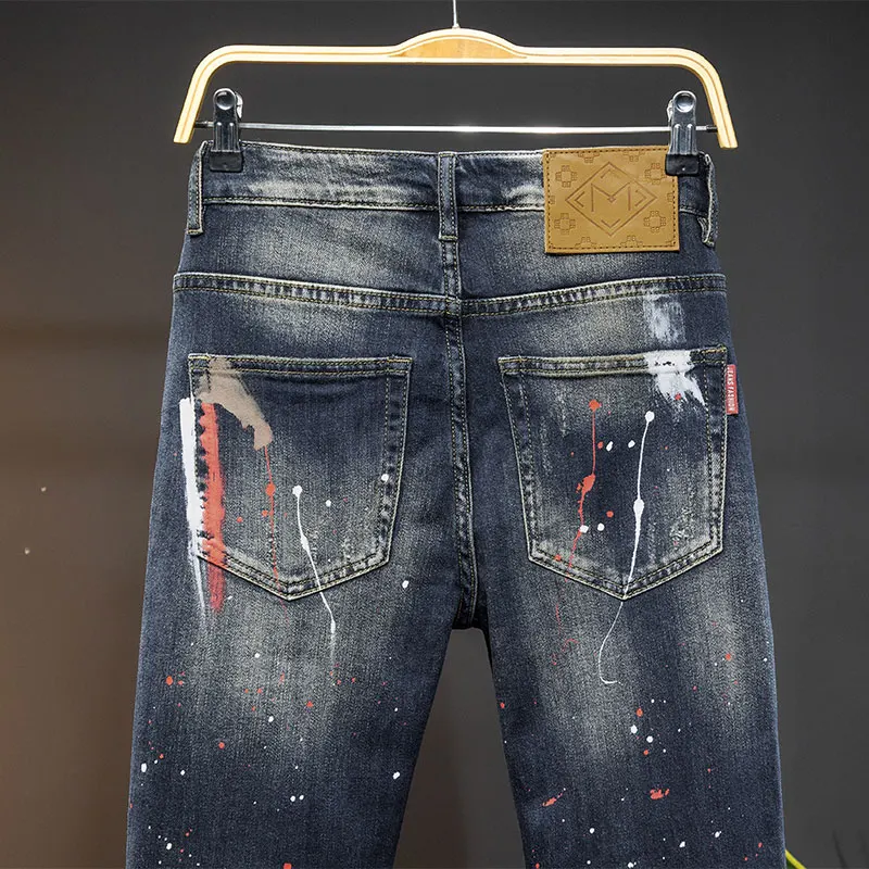 Persoonlijkheidsontwerp Stiksels Heren Jeans Nauwsluitende Enkelbroek Jeugd Trendy All-Match Stiksels Motor Strakke Broek