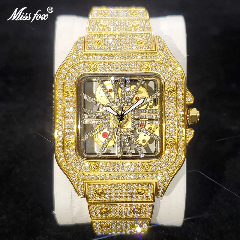 2023 New Square Watches For Men Luxury Original Gold Hip Hop Diamond Wristwatch Iced Out Bling Stainless Steel Waterproof Clock