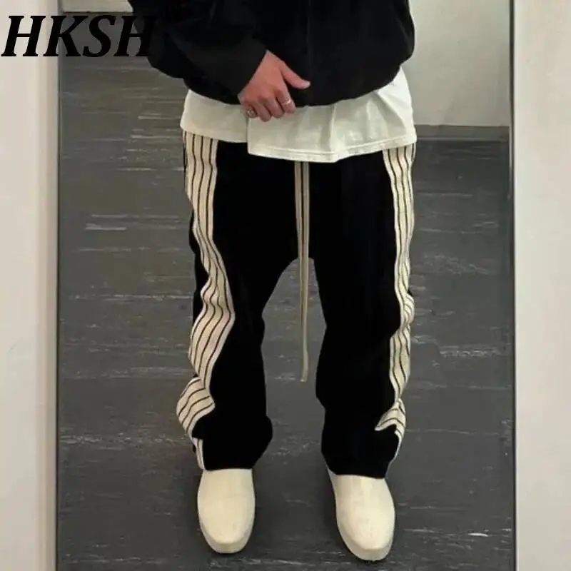 

HKSH весна осень новый мужской прилив в американском стиле в полоску в стиле пэчворк прямые повседневные широкие брюки на шнурке с эластичной резинкой на талии HK13736