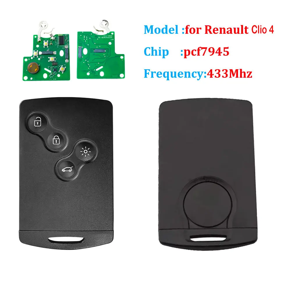 Smart Card Car Remote Key 4 Buttons PCF7945 4A Chip 433Mhz for Renault Clio 4 Captur Passive Keyless Go Entry Remote HandsFree