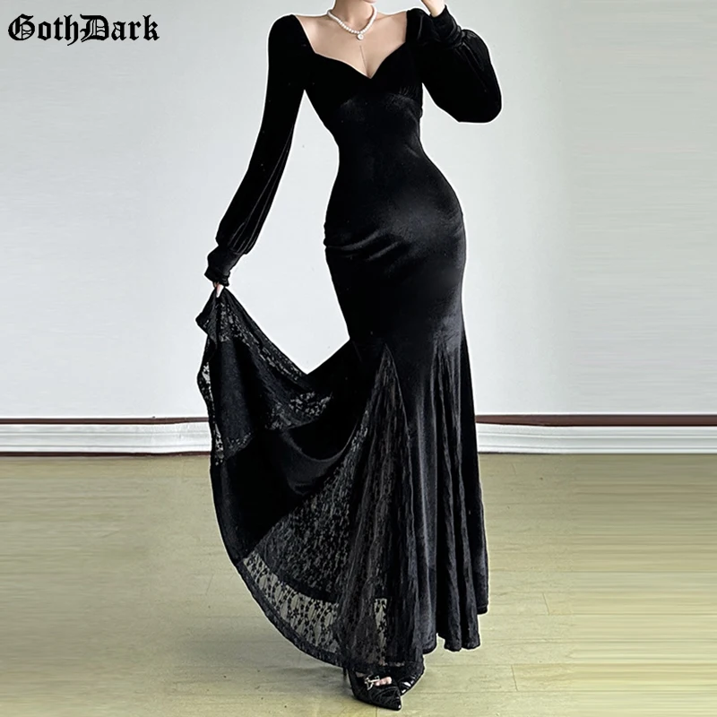 

Goth Dark Black Velvet Lace Patchwork Hem Maxi Dress for Women Outfits Mall Goth Long Sleeve Fishtail Dresses Clothes Halloween