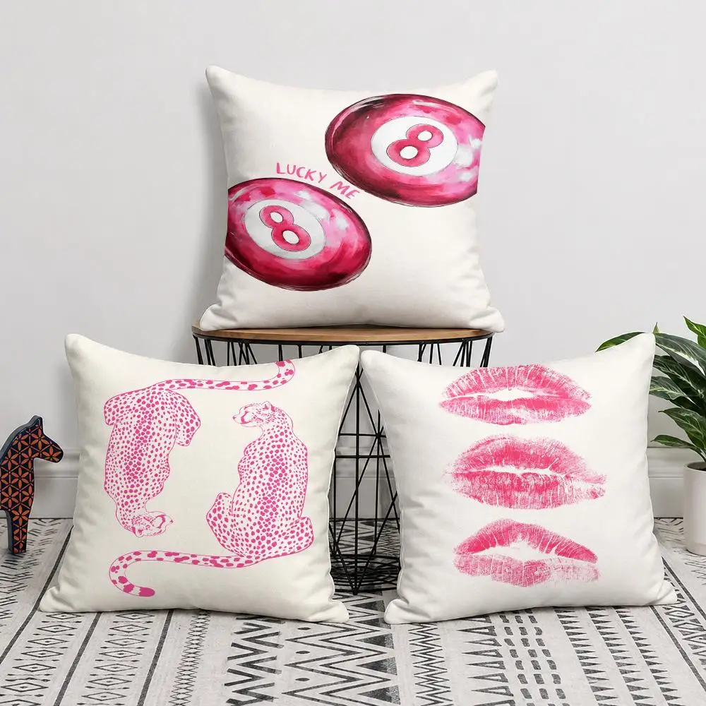 Pink Kiss Mark Lucky 8 Ball Leopard Cushion Cover Silky Short Plush Invisible Zipper Dustproof Sofa Pillow Case For Home Decor