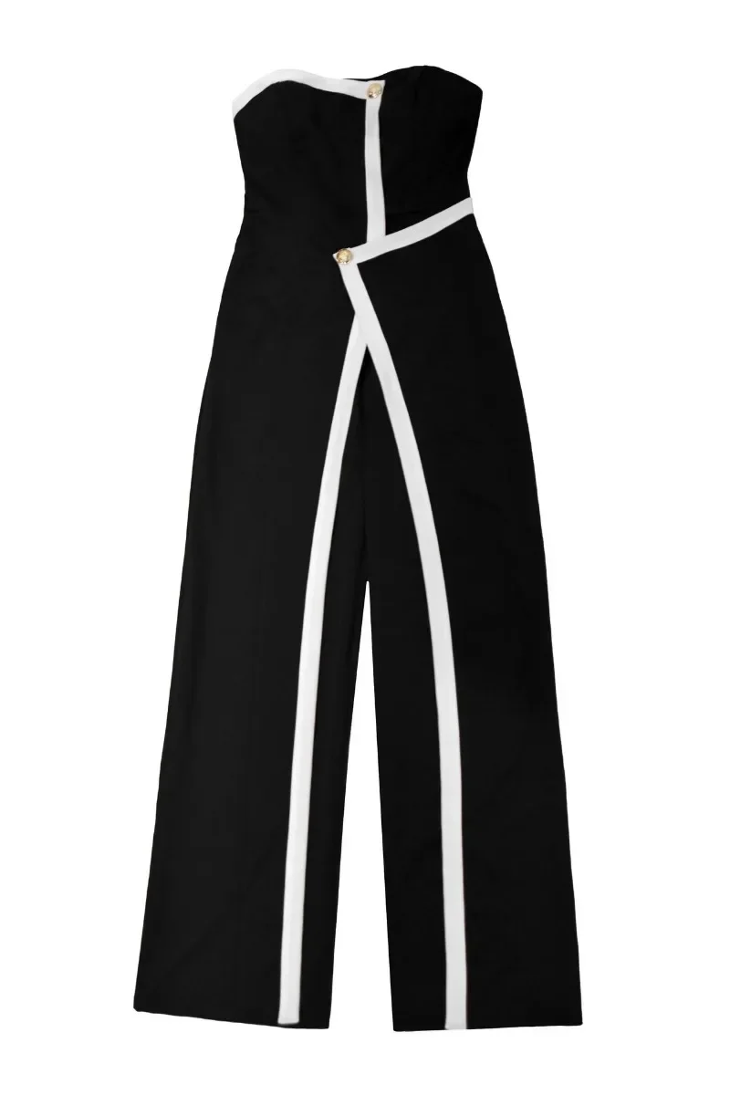 GUWU レディース エレガント ボタン ノースリーブ ストラップレス イレギュラー ジャンプスーツ ワイドレッグ ワンピース セクシー ナイトクラブ ストリートウェア