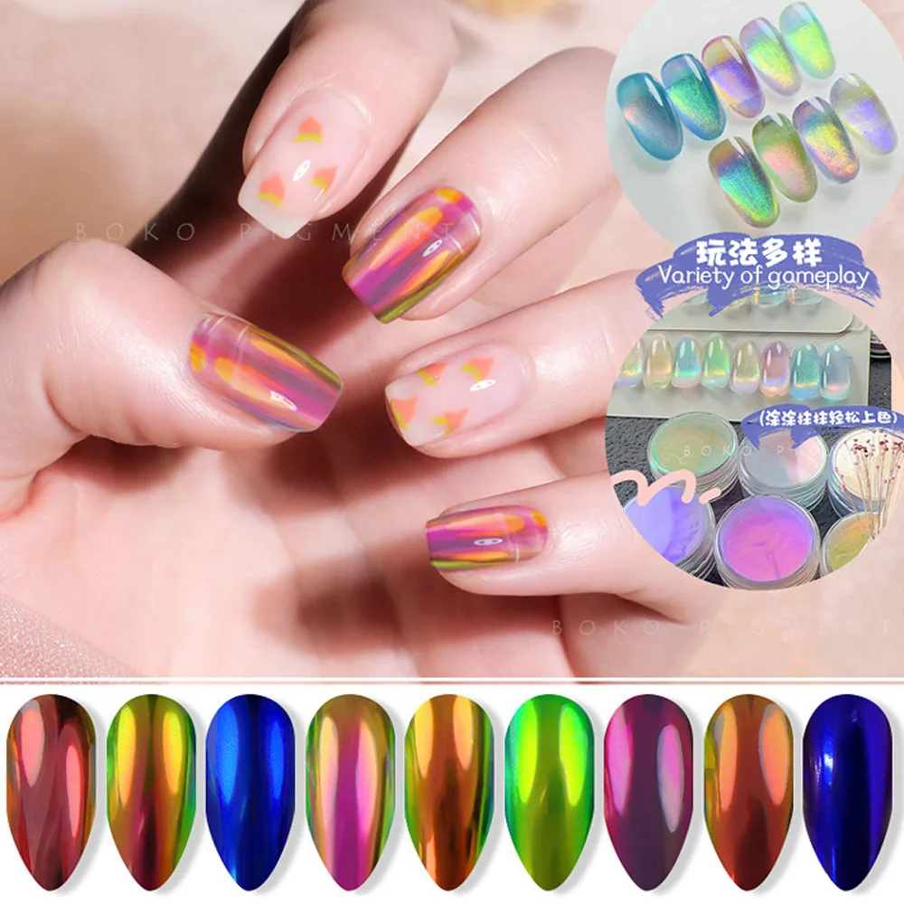 1Box Aurora Chameleon Nail Powder Mirror Effect Chrome Glitter Pigment Colorful Fine Rubbing Dust UV Gel Polish Nail Art Dipping