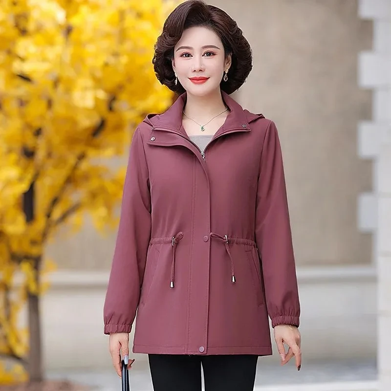 ฤดูใบไม้ผลิฤดูใบไม้ร่วง Trench Coat 2025 ใหม่ผู้หญิง Windbreaker แม่เสื้อผ้า Hooded ผู้สูงอายุชุดลําลองเสื้อ PLUS ขนาด XL-7XL