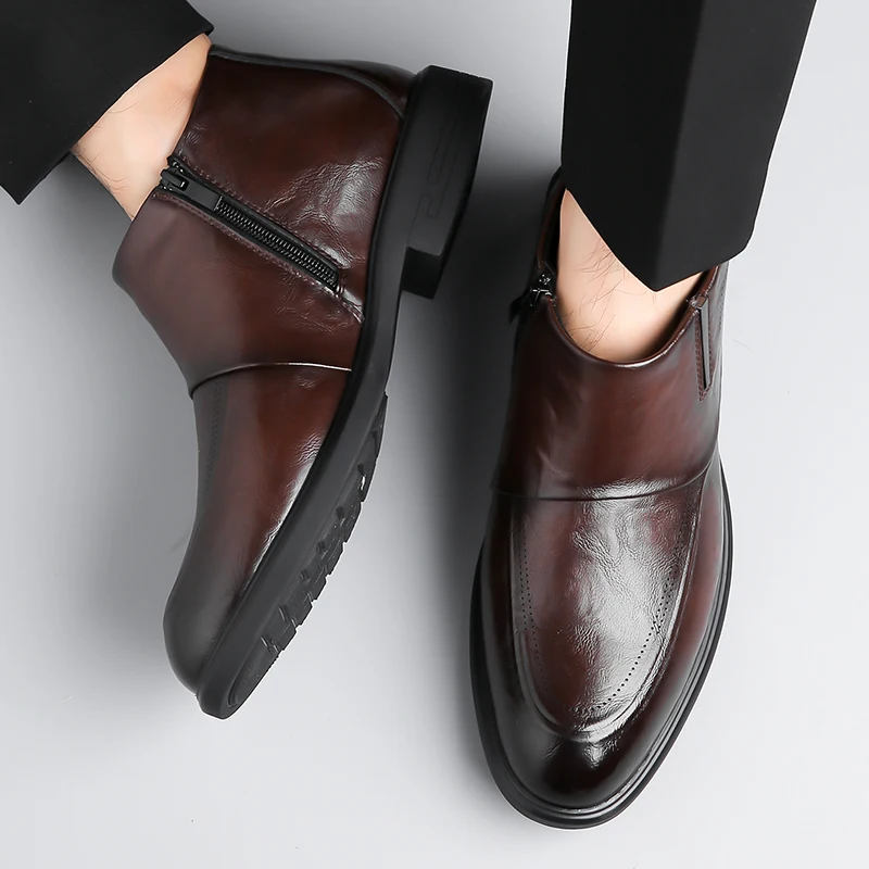 

Winter High Top Fleece Warm Leather Boots, Branded Business Commuting Mens Boots High-quality Outdoor Soft Comfort Chelsea Boots