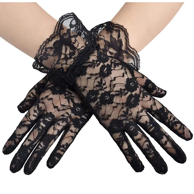 Gants courts en dentelle transparente pour femmes, Vintage, Derby Tea Party, longueur de poignet, gants floraux pour dîner, accessoires de Costume d'halloween