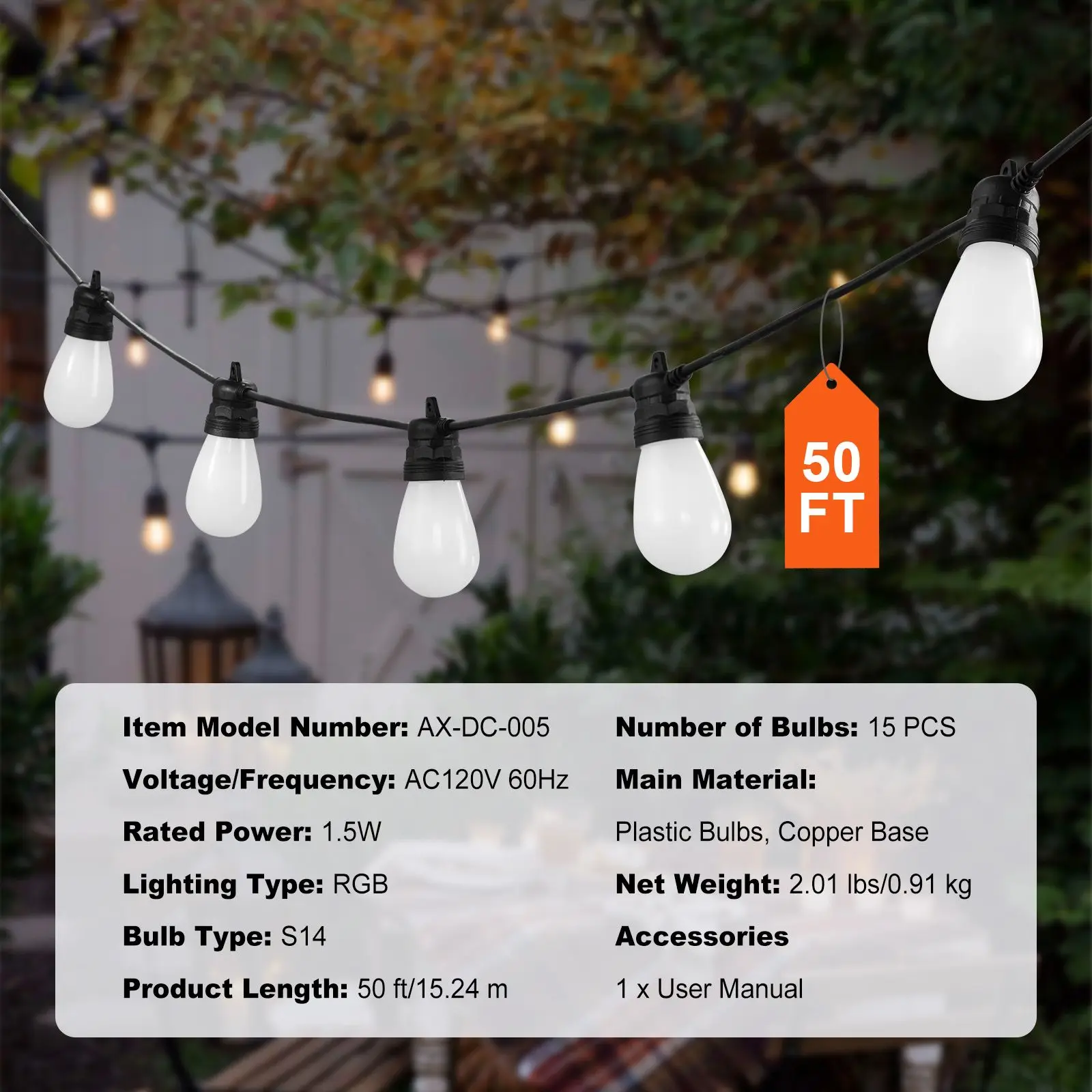 RGB Outdoor String Lights, 50FT, Outside Patio Lights with APP Control 15 Bulbs, 15 Single-Color Adjustable Brightness Time Setting, Waterproof Hanging Lights for Halloween Decorations Christmas