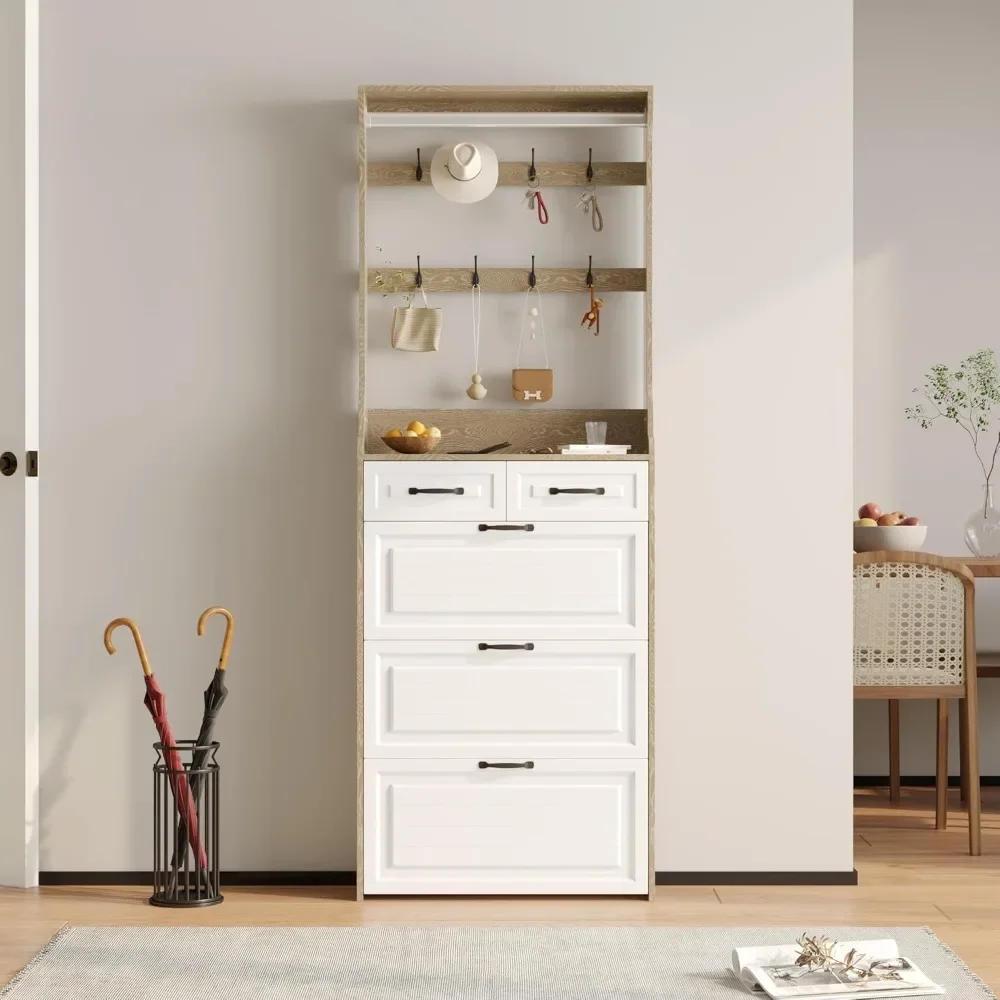 Shoe Cabinet, Entryway Shoe Storage Cabinet with 3 Flip Doors and 2 Drawers, 2-in-1 Wooden Shoe Rack Organizer with Coat Hooks