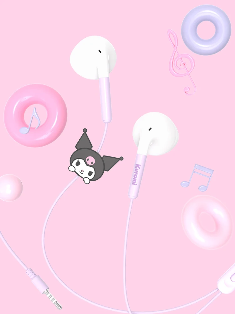 Sanrio Cinnamoroll Hanging Ear Wired Earphones Kuromi Music Headset Pochacco Kawaii Games Sports Headphones My Melody Girl Gifts