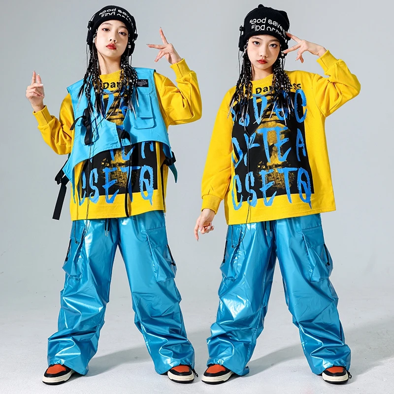 Hip Hop Girls Costume Street Dance Stage Outfit Kids Jazz Dance Clothing Fashion Oversize Tops Pants Blue Yellow Streetwear 1207